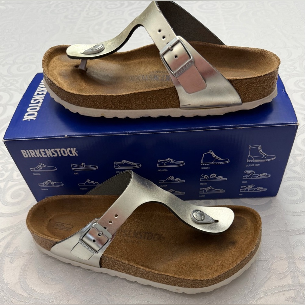 Birkenstock Gizeh Metallic Silver Thong Sandals White Bottoms EU 38 | Men Male 5
